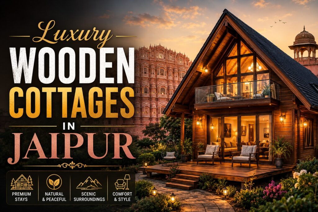Luxury wooden cottage in Jaipur with modern A-frame architecture surrounded by lush greenery and heritage-inspired cityscape.